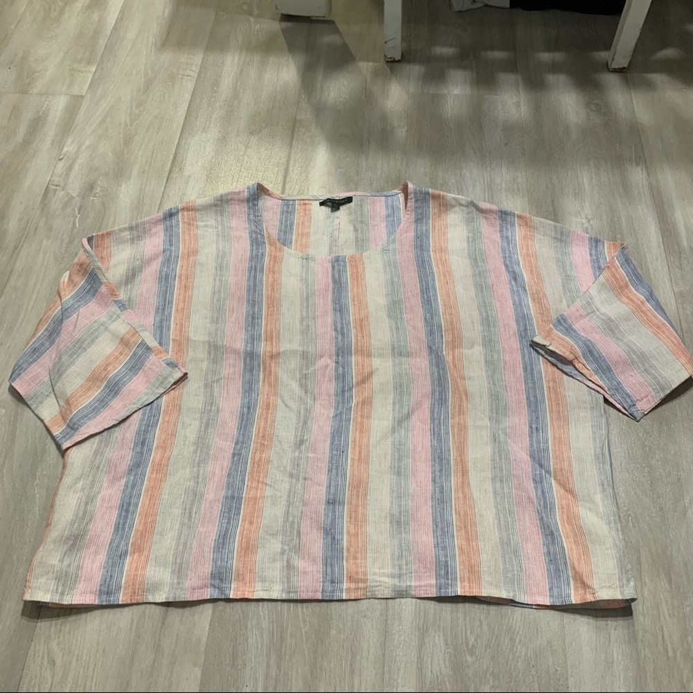 For Cynthia Striped Pink Blue % 100 Linen Shirt Top Sz L